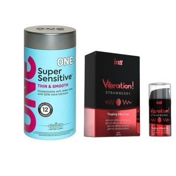 ONE Super Sensitive Pack 12 шт.+ Рідкий вібратор Intt Vibration Strawberry (15 мл) SOS6541 фото