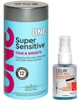 Набір з ONE Super Sensitive Pack 12 шт + Пролонгатор LOVELY LOVERS DELAY SPRAY 50 ML SOS9425 фото