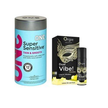 ONE Super Sensitive Pack 12 шт.+Рідкий вібратор Orgie Dual Vibe! Lemon Gin And Tonic Kissable Liquid Vibrator, 15 мл SOS6556 фото