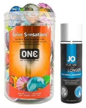 Набір з ONE Color Sensations 100 шт + Пролонгатор System JO Prolonger Spray with Benzocaine (60 мл) SOS9196 фото