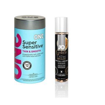 ONE Super Sensitive Pack 12 шт. + Смазка на водной основеSystem JO GELATO CremeBrulee (30 мл) SOS6487 фото