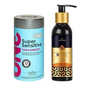 ONE Super Sensitive Pack 12 шт.+ Збуджувальна змазка на гібридній основі Sensuva - Ultra-Stimulating On Insane Cinnabun (125 мл) SOS6529 фото
