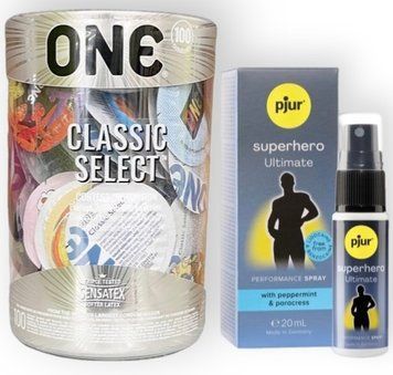 Набір з ONE Classic Select 100 шт + pjur Superhero Ultimate Spray 20 мл SOS8999 фото