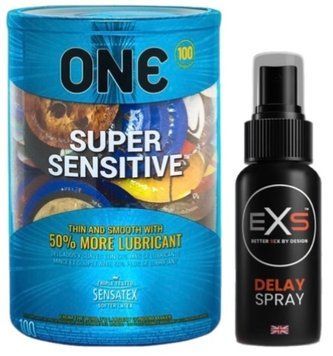 Набір з ONE Super Sensitive 100 шт + Пролонгатор EXS DELAY SPRAY 50 МЛ SOS9492 фото