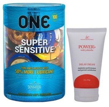 Набір з ONE Super Sensitive 100 шт + Пролонгатор Doc Johnson Power+with Yohimbe Delay Cream For Men 56 г SOS9489 фото