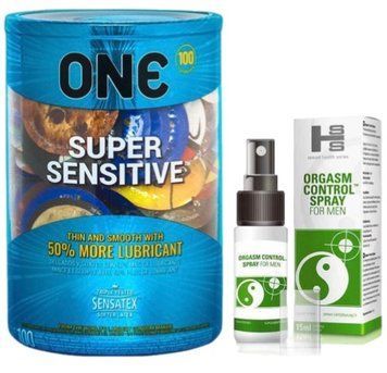 Набір з ONE Super Sensitive 100 шт + Пролонгатор SEXUAL HEALTH SERIES ORGASM CONTROL SPRAY, 15 МЛ SOS9486 фото