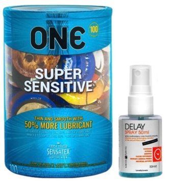Набір з ONE Super Sensitive 100 шт + Пролонгатор LOVELY LOVERS DELAY SPRAY 50 ML SOS9485 фото
