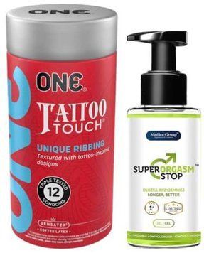 Набір з ONE Tattoo Touch Pack 12 шт + Пролонгатор Medica-group Super Orgasm Stop 150 мл SOS9427 фото
